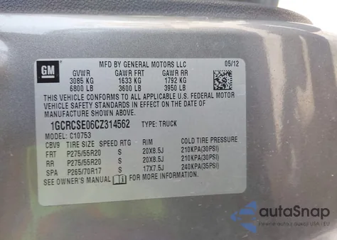 2012 Chevrolet Silverado 1500 Lt from USA, damaged, VIN 1GCRCSE06CZ314562